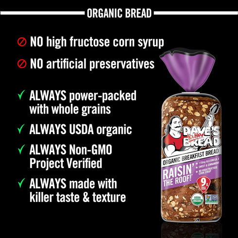 18 oz Dave's Killer Bread Raisin' the Roof!, Cinnamon Raisin Organic Breakfast Bread, Loaf
