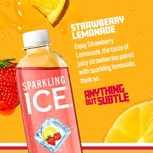 17 oz (Pack 12) Sparkling Ice, Strawberry Lemonade Sparkling Water, Zero Sugar Flavored Water, with Vitamins