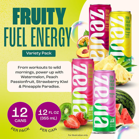Pack, 12 oz (12-Pack) Zevia Zero Sugar Energy Drink, Fruity Fuel Variety Cans Naturally Sweetened, Non-GMO Project