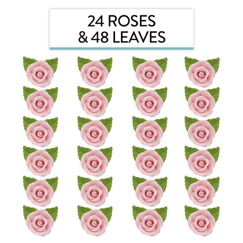 24 Count Global Sugar Art Premium Wedding & Party Edible Rose Cake & Cupcake Sugar Flowers, Pink, with Leaves by Chef