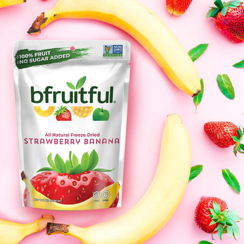 0.56 oz Packets, 12 Pack bfruitful Freeze-Dried Strawberry Banana, Freeze Dried Fresh Fruit Bites, Gluten Free, Vegan