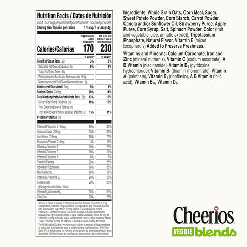 18 oz Cheerios Veggie Blends Breakfast Cereal, Apple Strawberry, Made with Fruits and Veggies, Family Size
