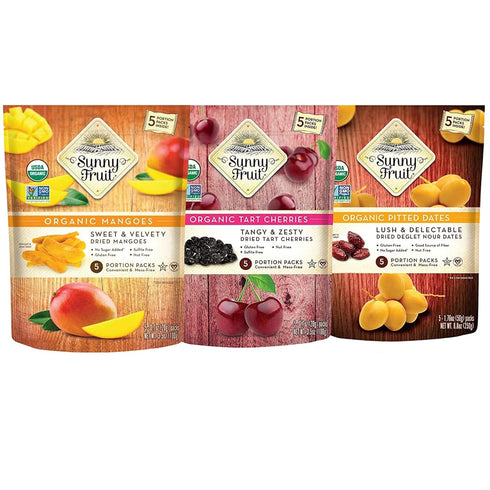 6 (30 Packs) Sunny Fruit Organic Dried Fruit Assortment - Figs, Apricots, Dates, Mango, Cherries & Prunes Variety, Bags