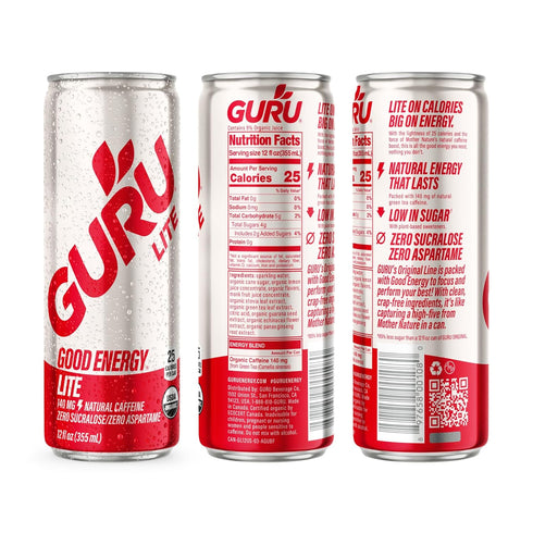 140MG 12oz (Pack 12) GURU Lite Organic Energy Drinks, Clean Energy Drink with Plant Based Natural Caffeine from Green