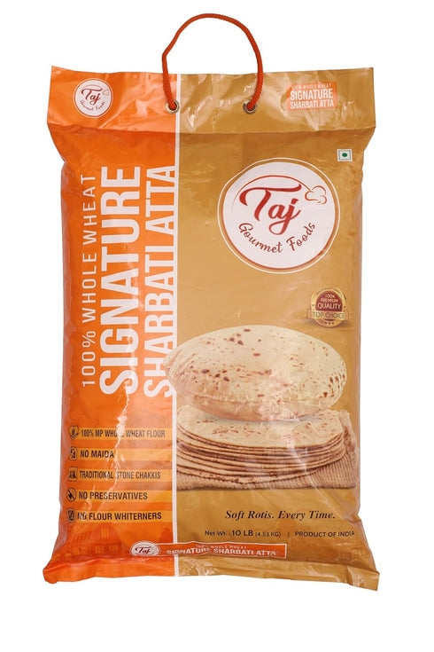 TAJ Gourmet Foods 10lbs, 100% TAJ Signature Sharbati Atta, (Chakki Atta - Stone Ground) Whole Wheat Flour, Chappati