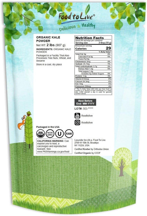 2 Food to Live Organic Kale Powder, Pounds Non-GMO, Made from Raw Dried Whole Leaves, Vegan, Kosher, Bulk, Great