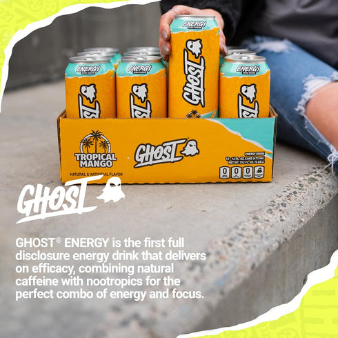12-Pack, 16oz 200mg GHOST Energy Drink - Tropical Mango, Cans - Energy & Focus & No Artificial Colors - of Natural