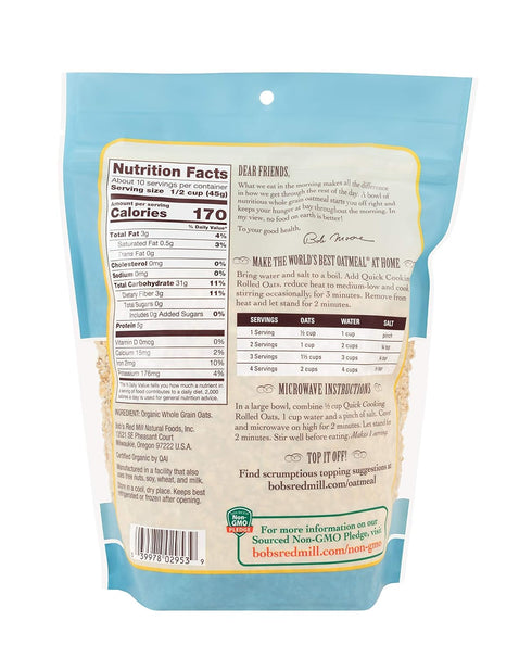 Bob's Red Mill Organic Quick Cooking Rolled Oats 1 lb (Pack of 2)