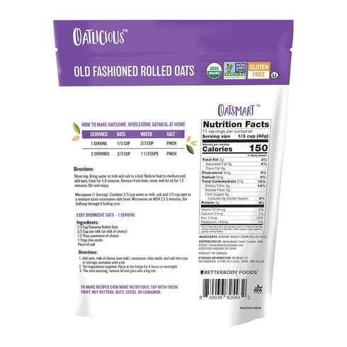 1lb Oatsome Organic Rolled Oats, Bag Gluten-Free, Whole Grain Oats for Oatmeal, Baking, & Granola