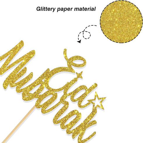 Eid Mubarak Cake Topper - Gold Glitter Ramadan Kareem Decorations for Eid Festival Anniversary Party