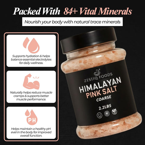 2.2 lb 84 Zestiq Foods Himalayan Pink Salt Natural, Kosher & Unprocessed Coarse Grain, Jar, Rich in Minerals