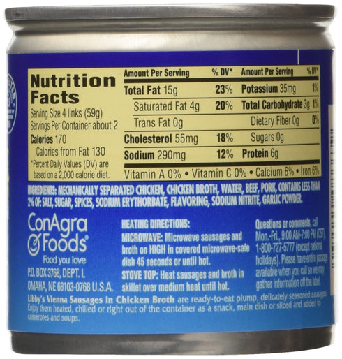 4.6 (Pack 18) Libbys Vienna Sausage in Chicken Broth, Ounce