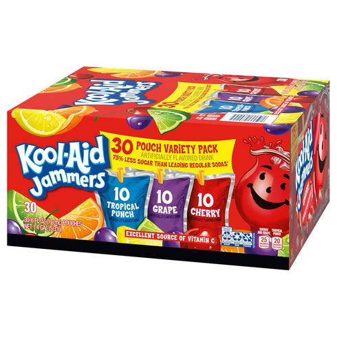 Jammers 0% Pack, 30 6 oz Kool-Aid Tropical Punch, Grape & Cherry Flavored Juice Drink Variety ct Box, fl Pouches