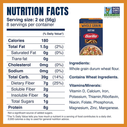 16 oz. (Pack 12) 100% Barilla Whole Grain Rotini Pasta, Box of - Non-GMO, Made With Whole Grain Durum Wheat - Great