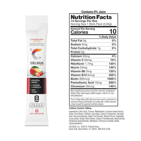 14 Count (Pack 2) CELSIUS On The Go Strawberry Mango, Sugar Free Energy Drink Mix Sticks