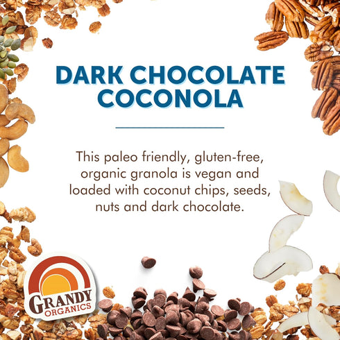 9oz Pack 3 Grandy Organics Dark Chocolate Coconola Granola, Certified Organic Gluten Free Granola, Grain Free
