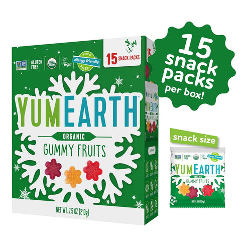 Gummy 15ct YumEarth Holiday Organic Fruits Box Allergy Friendly Christmas Candy, Dye Free, Gluten Free, Non GMO Fruit