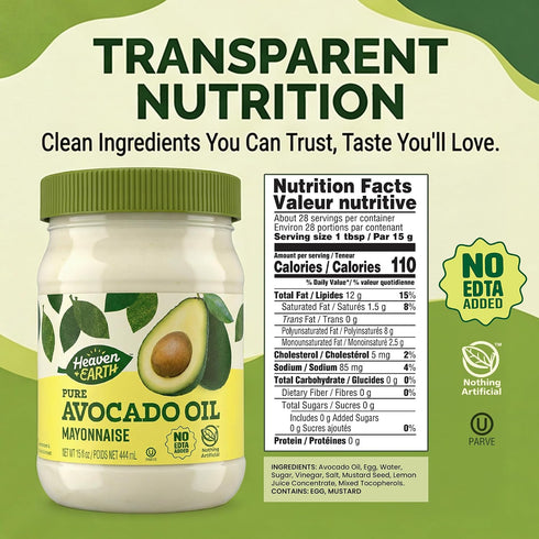15 oz (2 Pack) 0g 0g Heaven & Earth Pure Avocado Oil Mayonnaise, | Keto Friendly | Net Carbs, Sugar | No Canola Oil, No