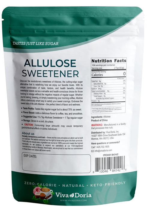 2 lb (907g) Viva Doria Allulose Sweetener, | Zero Calorie Sugar Substitute | Great for Coffee, Tea, Cooking and Baking