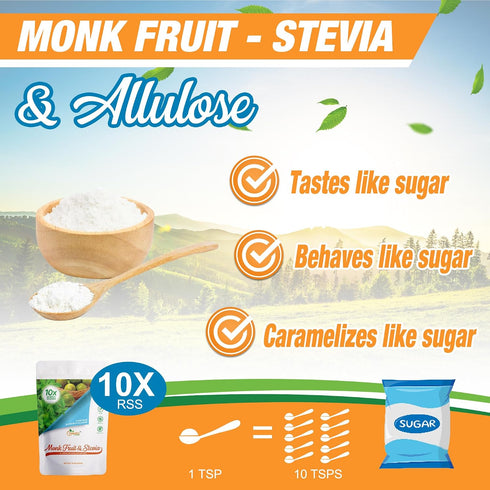 10X 1135; 1-LB Monk FruitStevia & Allulose All Purpose Sweetener Sugar Sweetness; Total Servings Zero Calorie