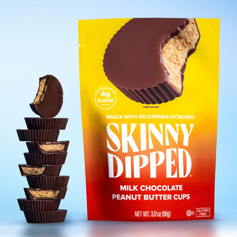 SkinnyDipped Milk Chocolate Peanut Butter Cups, Low Sugar, Gluten Free, 3.2oz Bag, 4 Pack (24 Cups Total)