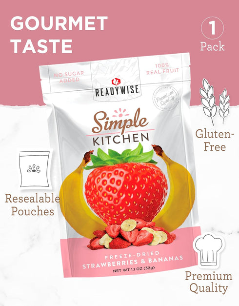 Pack 1, READYWISE - Simple Kitchen, Freeze-Dried Strawberries & Bananas, of Vegetarian, Gluten Free, Snacks