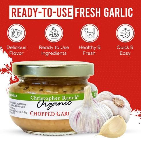Packed, 4.25 oz, 2-Pack Christopher Ranch Chopped Organic Garlic, USDA Heirloom, Ready-to-Use for Cooking & Seasoning