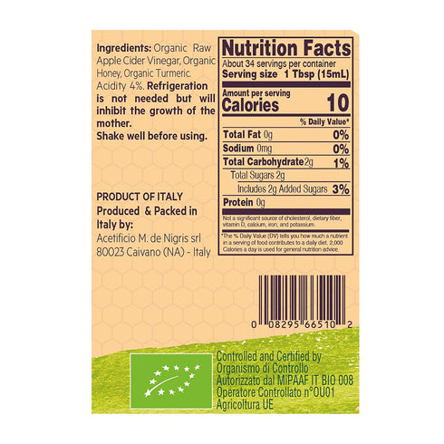 16,9 Oz (Pack 2) De Nigris Organic Apple Cider Vinegar With Honey & Turmeric, Raw & Unfiltered of | Apple Cider Vinegar