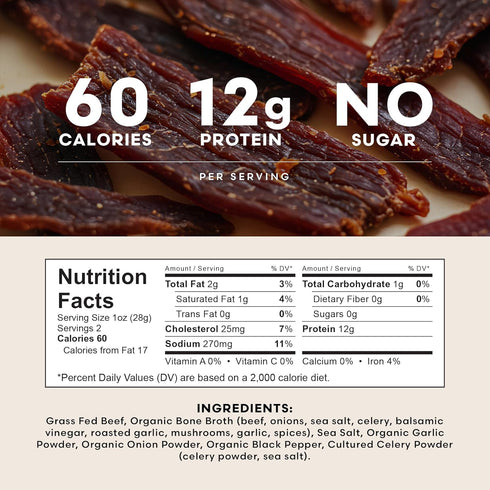 2 oz (Pack 2) Tough to Chew: Organic Bone Broth Beef Jerky Grass-Fed, Zero Sugar, Low Calorie, High Protein, Extra-Firm