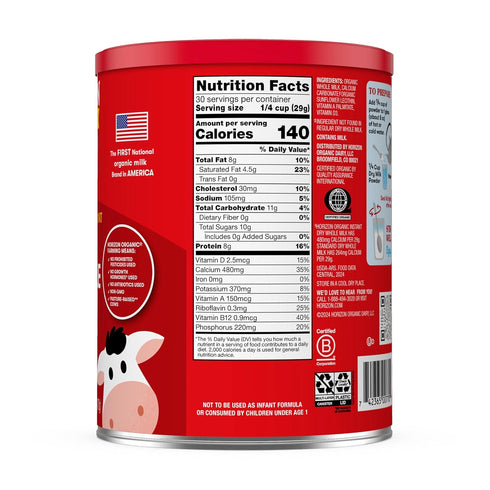 30.6 oz, Horizon Organic Instant Dry Whole Milk Powder, USDA Organic, Non-GMO, Shelf Stable, Great for Baking, Cooking