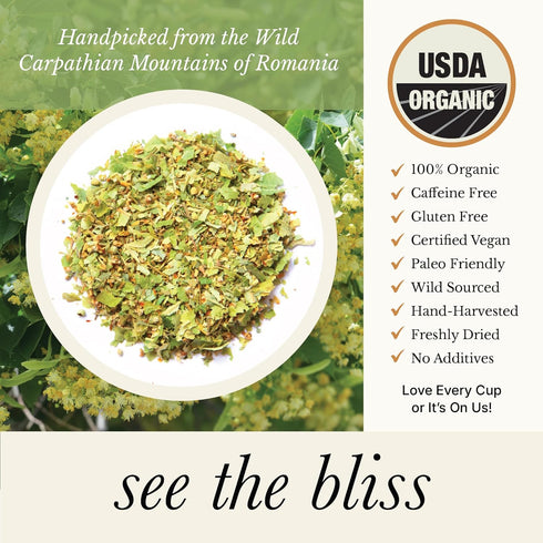 8.8 125 Wild Bliss Organic Linden Flower Tea - Caffeine Free Loose Leaf Calming Herbal Tea - Ounces - Servings