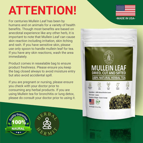 (3 oz/85 Herbal Hermit Mullein Leaf Tea grams) Herb for Respiratory Support, Mucous Membranes, Lung Cleanse Dried