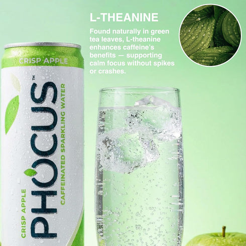 75mg 11.5 oz (Pack 12) PHOCUS Caffeinated Sparkling Water, Crisp Apple, Natural Caffeine Plus L-Theanine, Zero Sugar
