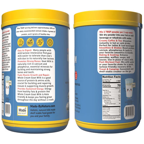 16 oz 53 Made by Nature Pure Whole Cream Goat Milk Powder - - Lactose Friendly, Easy Digestion, Calcium, Prebiotics