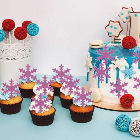 Gyufise 50Pcs Purple Edible Cupcake Toppers, Snowflakes Cake Decoration for Winter Birthday Party Supplies