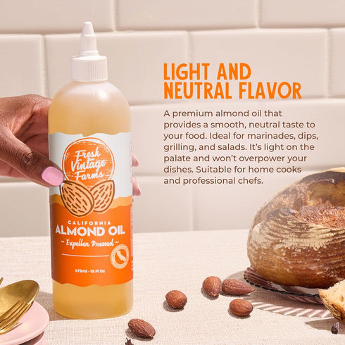 16oz, Pack 1 Fresh Vintage Farms Almond Oil | Expeller-Pressed California Almond Oil | & Versatile Cooking Oil