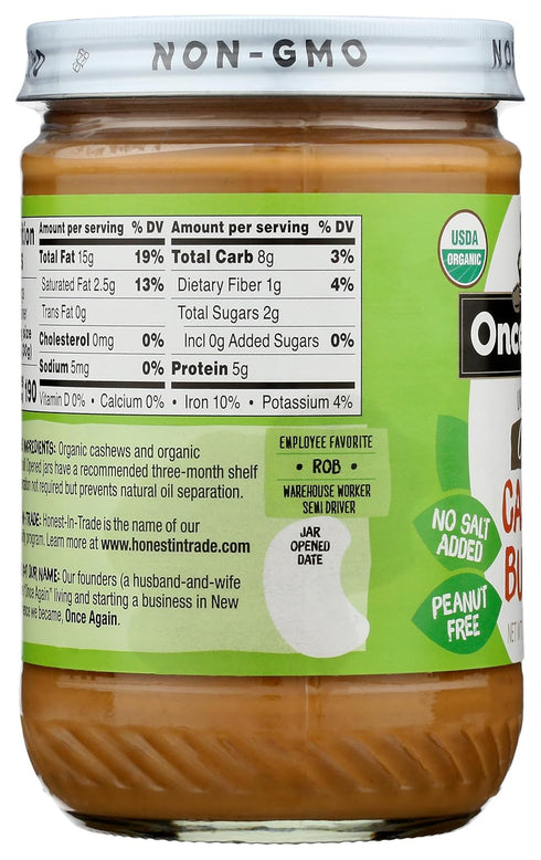 16oz (1 Once Again Organic Creamy Cashew Butter, - Unsweetened - USDA Organic, Gluten free Certified, Vegan, Kosher