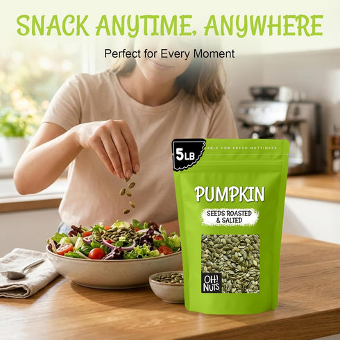 5 lb Packed Oh! Nuts Pumpkin Seed Roasted & Salted - Bulk Bag - No Shell Pumpkin Seeds - Roasted Seeds - Pepitas Snack