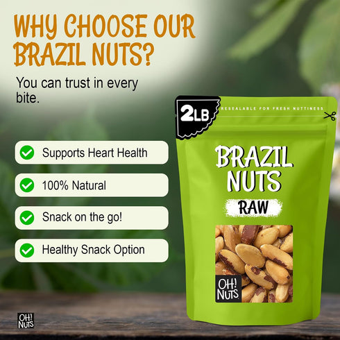 2 lb 100% Oh! Nuts Brazil Nuts, Raw, Unsalted, No Shell, Whole in Resealable Bag Natural Nuts, Rich in Selenium Vegan
