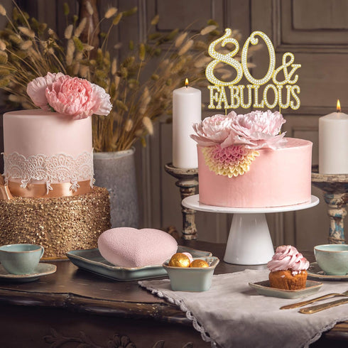 Premium Gold Metal 80 Cake Topper - 80 and Fabulous - 80th Birthday Party Decoration, Sparkly Rhinestone