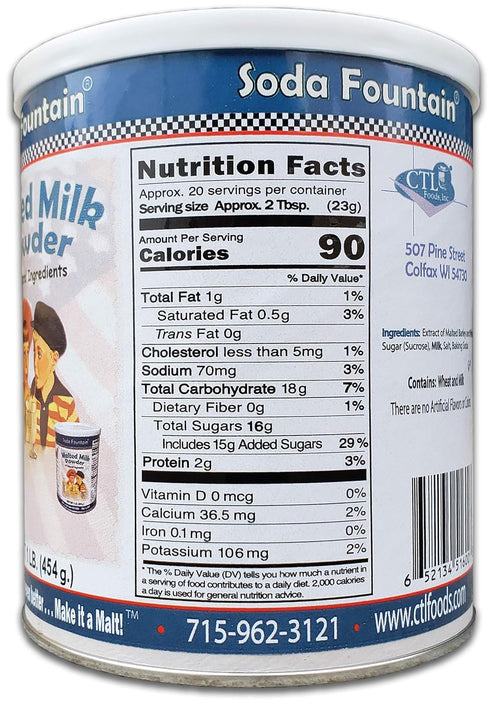 Soda Fountain 1 lb. Malted Milk Powder Canister - Malt Powder for Ice Cream and Baking