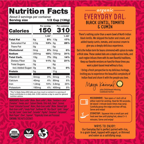 10oz Pack 6 Maya Kaimal Foods - Organic Indian Everyday Dal - Black Lentil - Fully Cooked with Tomato and Cumin - Vegan