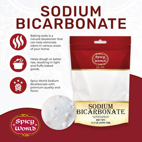 Spicy World (5.5 LB Sodium Bicarbonate Powder - Aluminum Free, Food Grade Baking Soda Bulk for Cleaning, Pool, Cooking