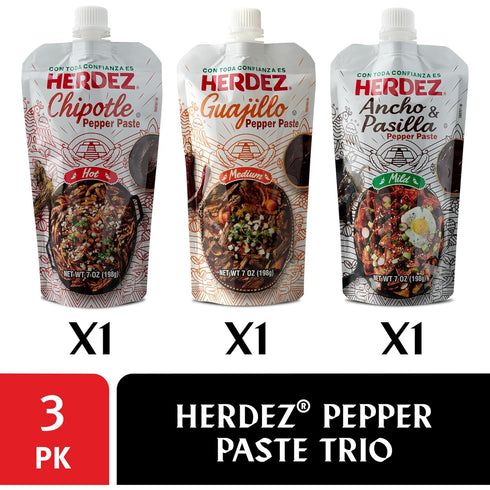 HERDEZ Pepper Paste Trio – Chipotle (Hot), Guajillo (Medium), Ancho and Pasilla (Mild) – Squeeze Pouch with Easy Close Twist Cap – 7oz Squeeze Pouch – Dried Chile Pepper Alternative