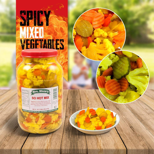 1 1945 SO HOT MIX - Spicy Pickled Cauliflower Florets, Carrots, Pickles & Yellow Hot Chilis | Vegan Snacks | Bulk
