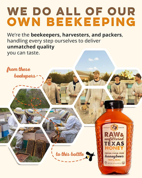 100% Desert Creek Honey - Unfiltered, Pure, Raw Honey from Texas - Natural Sugar Substitute - One Pound of Unprocessed