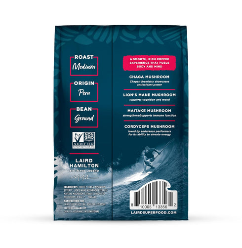 32 oz. Laird Superfood Peruvian Medium Roast Coffee with Functional Mushrooms, Certified Organic Peruvian Ground Coffee