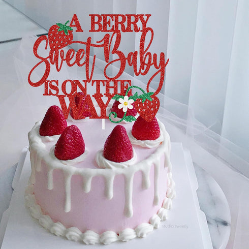 Gankbite A Berry Sweet Baby Is On The Way Cake Topper Glitter Strawberry Baby Shower Decoration For Girls