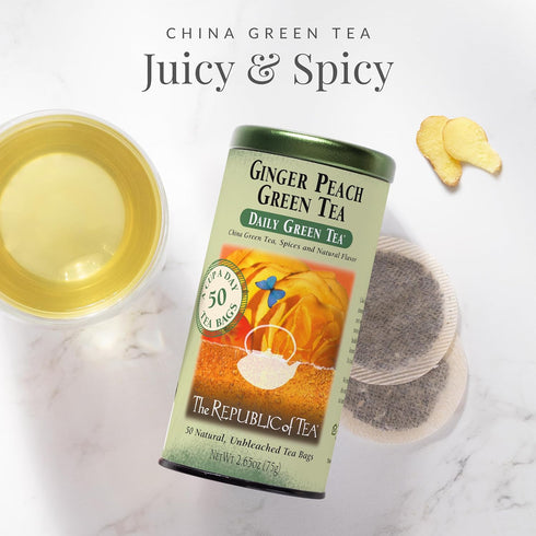 50 The Republic of Tea - Ginger Peach Green Tea, Tea Bags, Tin | Flavored Fruit Tea | Caffeinated