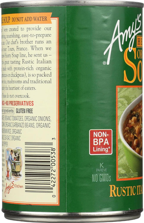 14 Oz Amys Soup, Vegan Hearty Rustic Italian Vegetable Soup, Gluten Free, Made With Organic Beans and Rice, Canned
